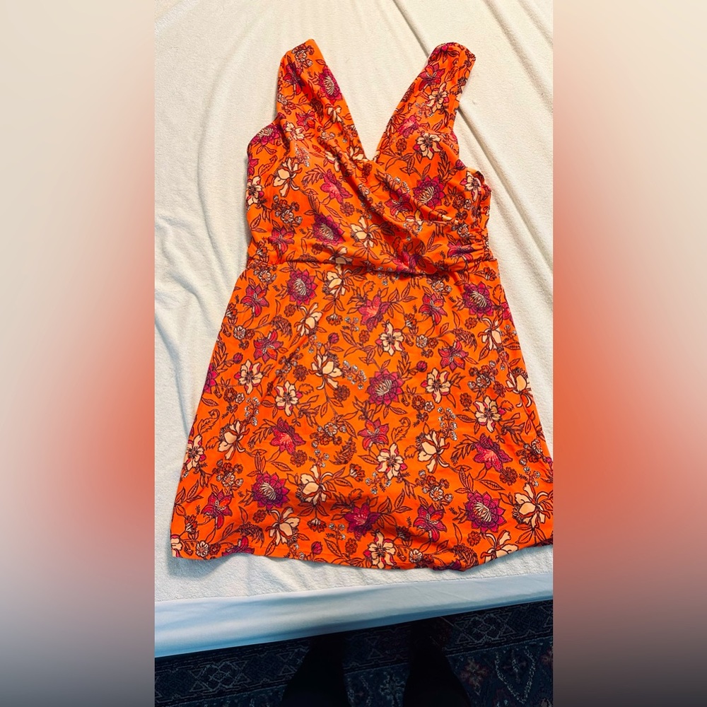 Lands' End Orange Floral Surplice One-Piece Swimsuit